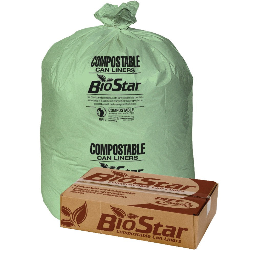 Pitt Plastics BioStar 1-mil Compostable Can Liners, 33 Gallons, 33in x 39in, Green, 10 Bags Per Roll, Case Of 10 Rolls