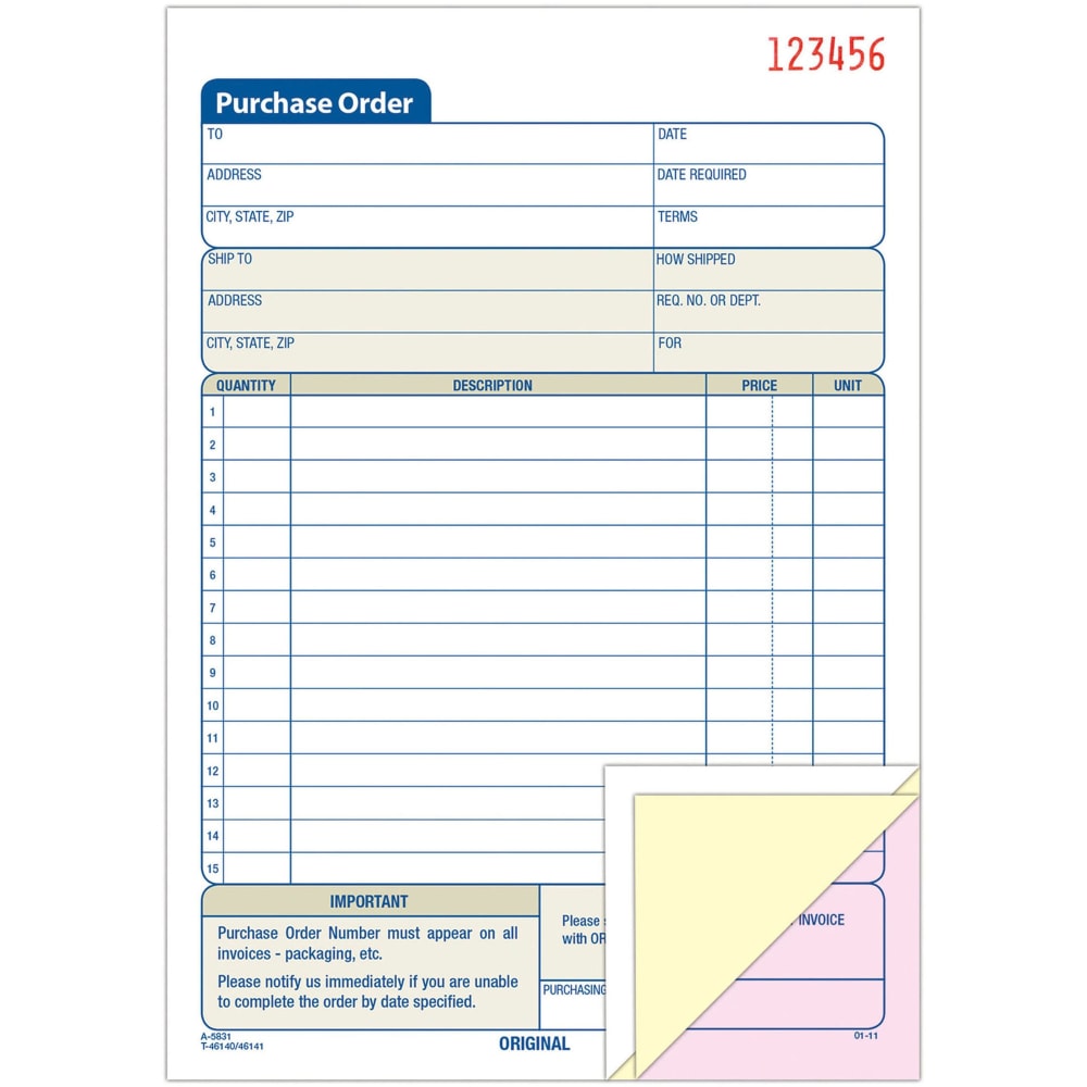 Adams Carbonless Purchase Order Book, 5 9/16in x 8 7/16in, 3-Part, 50 Set Pad