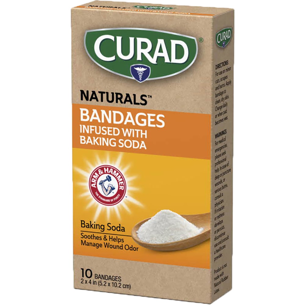 Curad Naturals Bandages Infused With Baking Soda, 4in x 4in, Beige, 10 Bandages Per Pack, Set Of 24 Packs