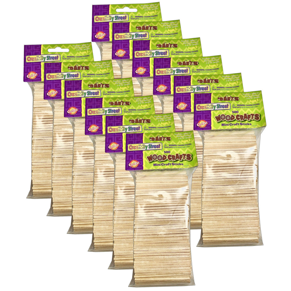 Creativity Street Mini Wood Craft Sticks, 2-9/16in x 1/16in, Natural, 500 Sticks Per Pack, Case Of 12 Packs