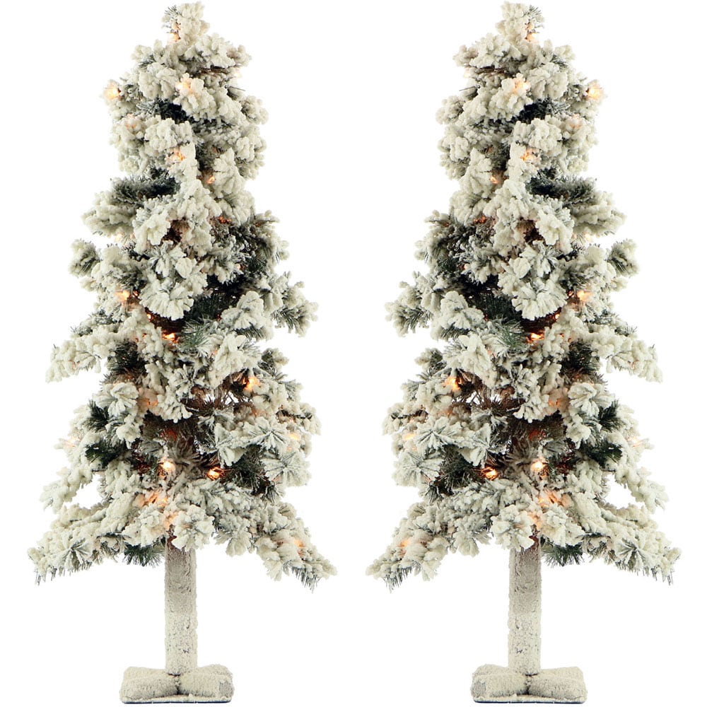 Fraser Hill Farm Snowy Alpine Trees With Clear Lights, 3ft, Set Of 2