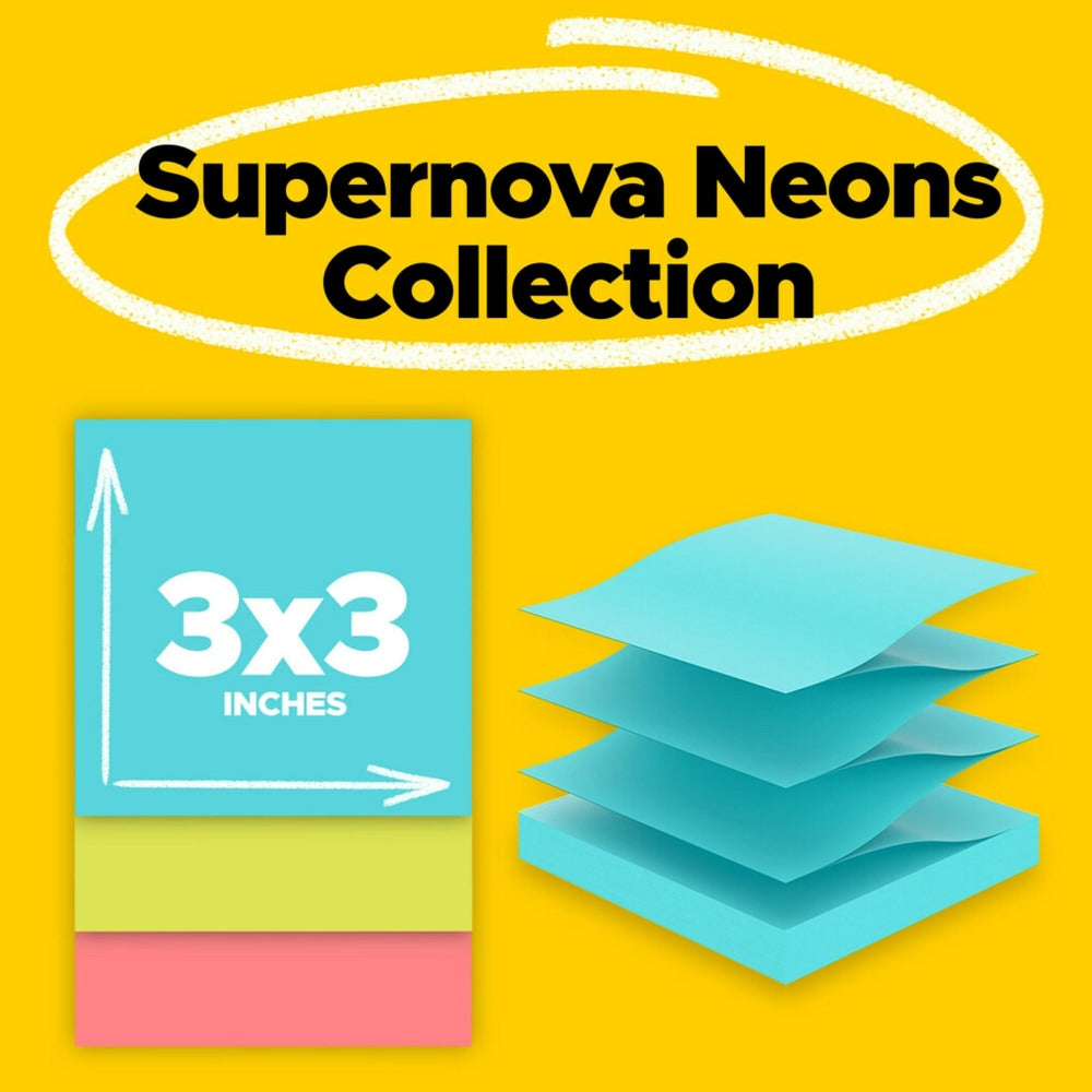 Post-it Super Sticky Pop Up Notes, 3 in x 3 in, 18 Pads, 90 Sheets/Pad, 2x the Sticking Power, Supernova Neons Collection