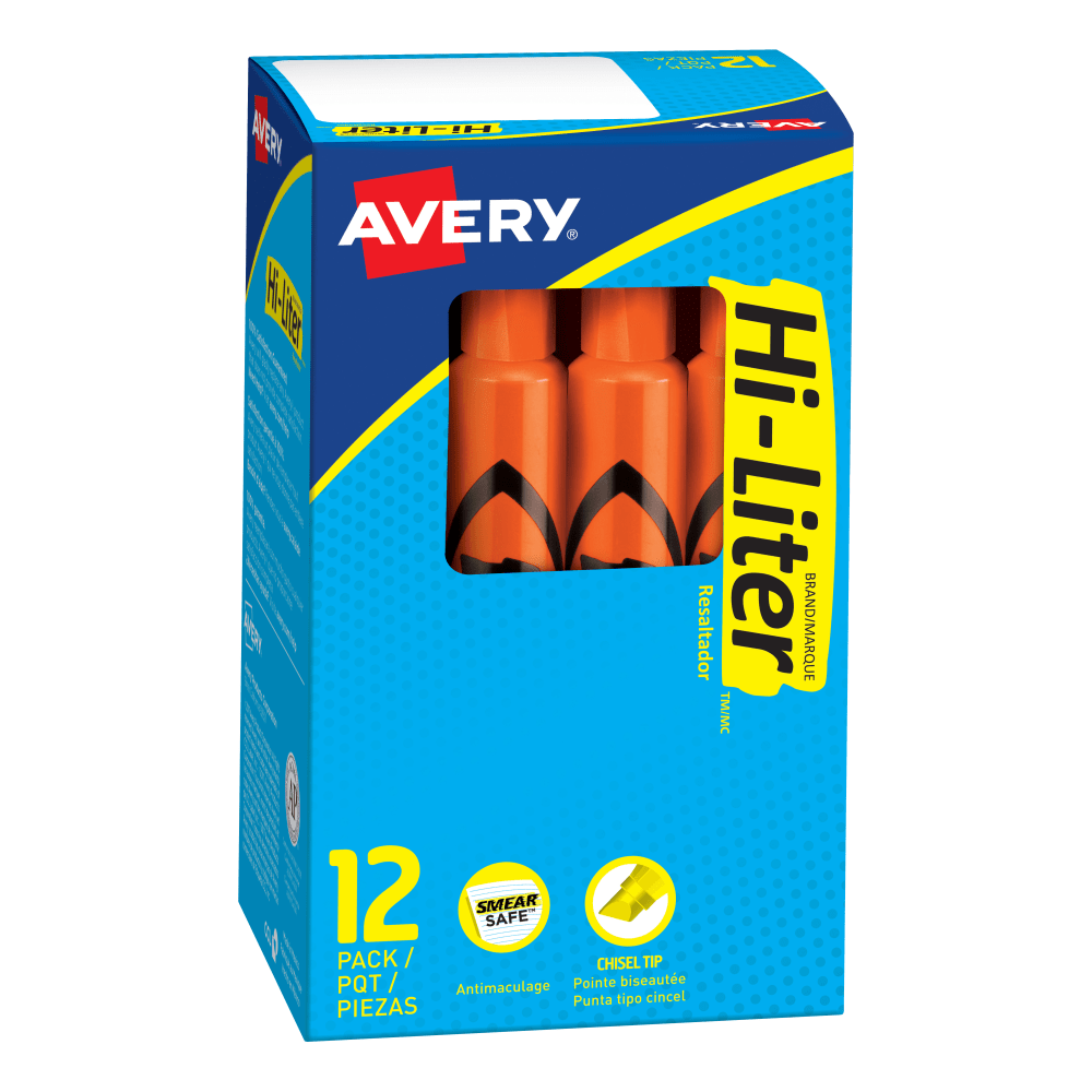 Avery Hi-Liter Desk-Style Highlighters, Fluorescent Orange, Box Of 12