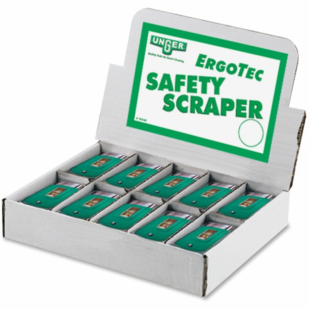 Unger Safety Scrapers - 1.50in Blade - Retractable, Safety Lock, Non-slip Grip - Green - 50 / Carton