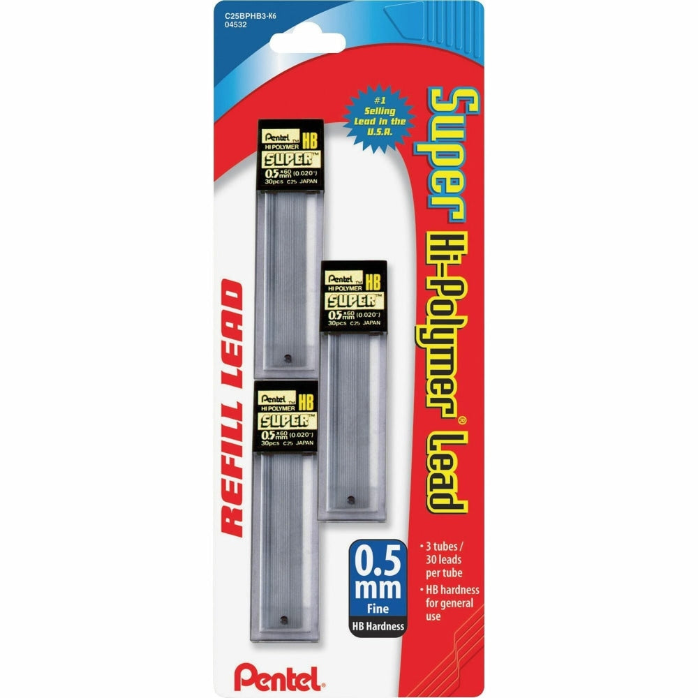 Pentel Super Hi-Polymer Leads, 0.5 mm, HB, 30 Leads Per Tube, Pack Of 3 Tubes