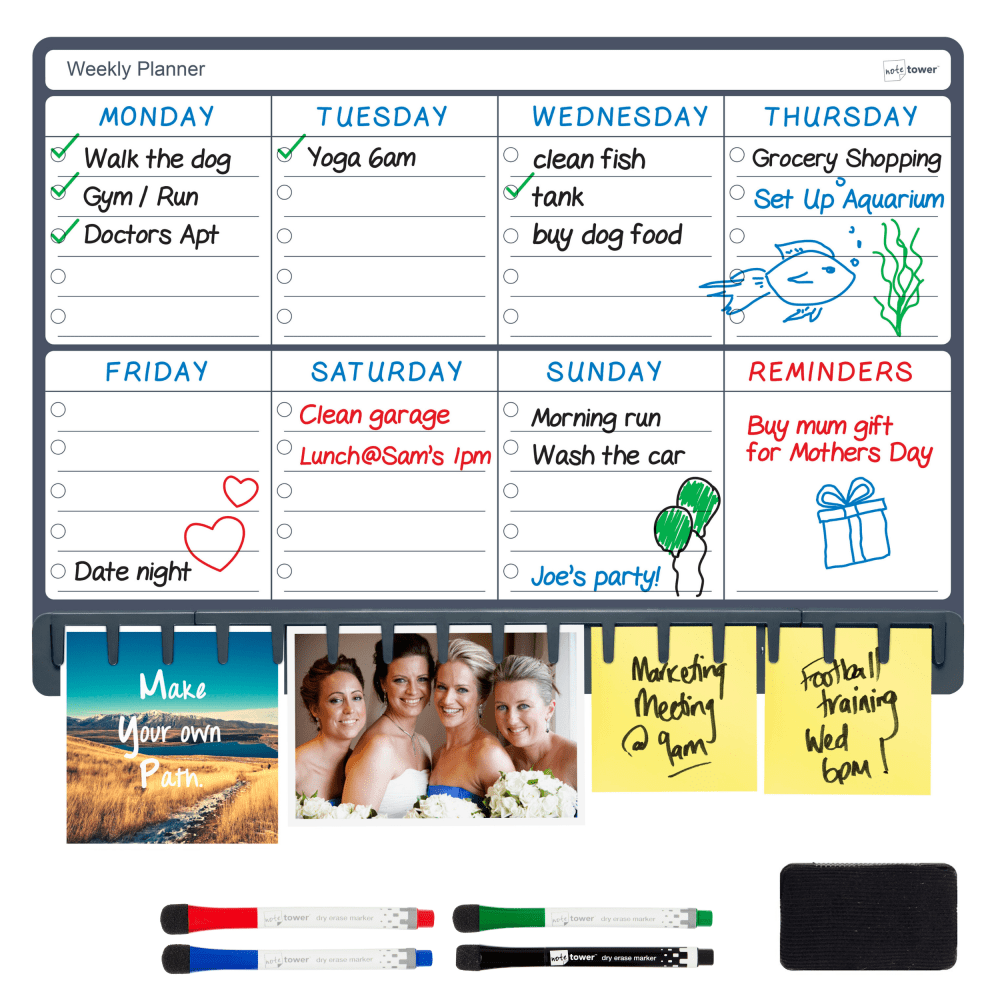 Note Tower Magnetic Dry-Erase Whiteboard Refrigerator Weekly Planner Board, 12in x 17in, Black/White