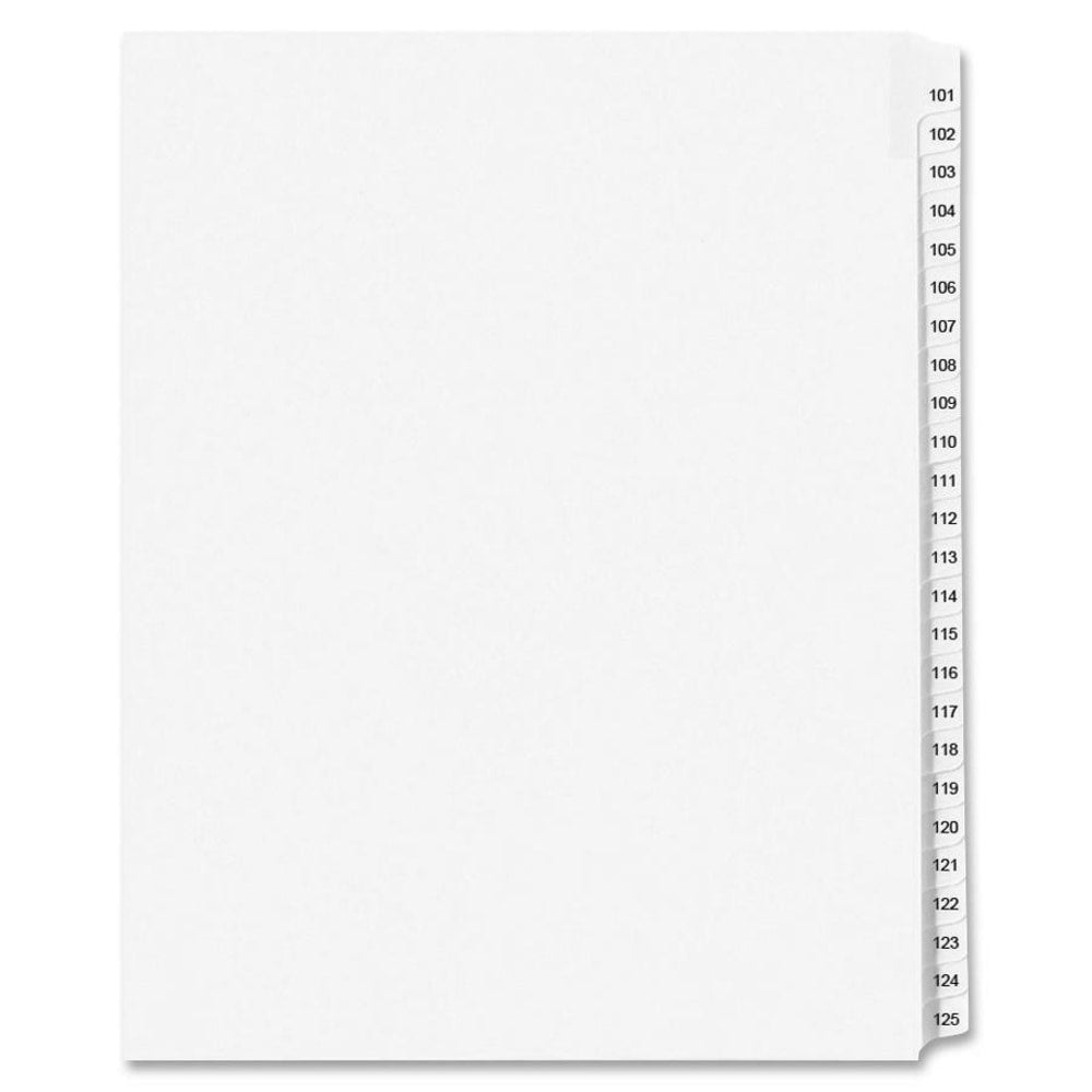 Avery Standard Unpunched Preprinted Reinforced Tab Dividers, 8.5in x11in, 20% Post-Consumer Material, White, Tabs Printed 101-125, Pack of 25