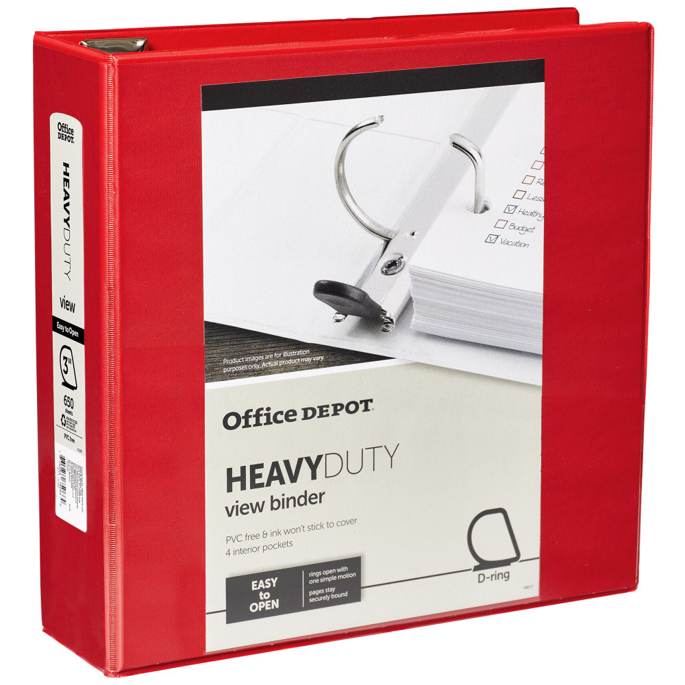 Office Depot Brand Heavy-Duty View 3-Ring Binder, 3in D-Rings, 49% Recycled, Red