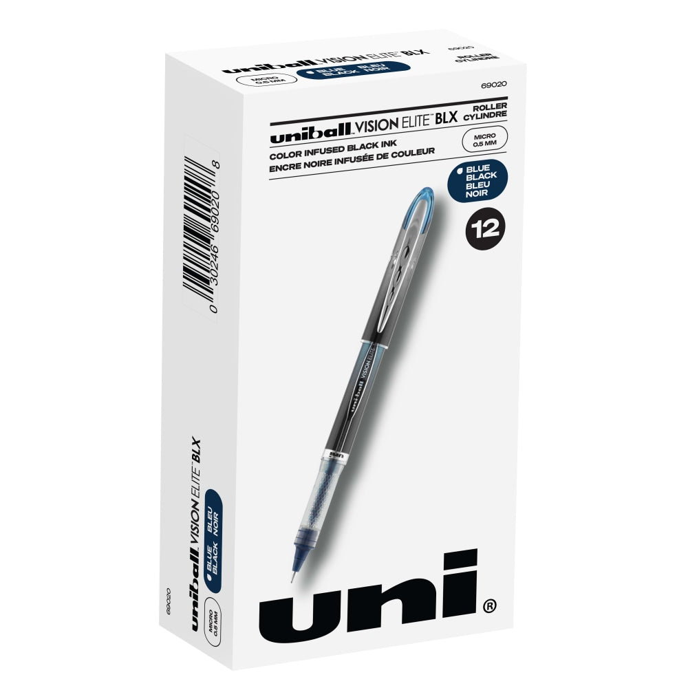 uni-ball Vision Elite BLX Infusion Liquid Ink Rollerball Pens, Micro Point, 0.5 mm, Black Barrel, Black/Blue Ink, Pack Of 12