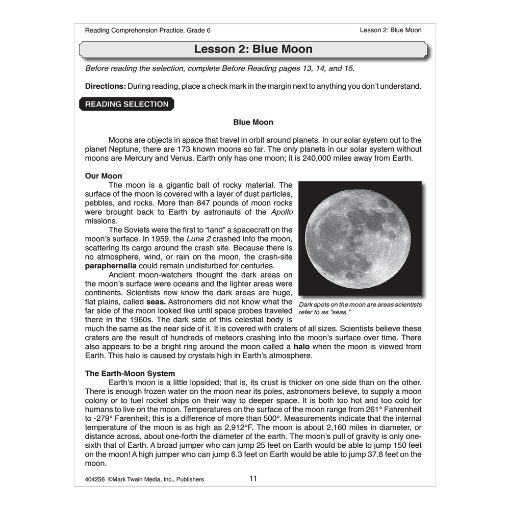 Mark Twain Media Reading Comprehension Practice, Grade 6