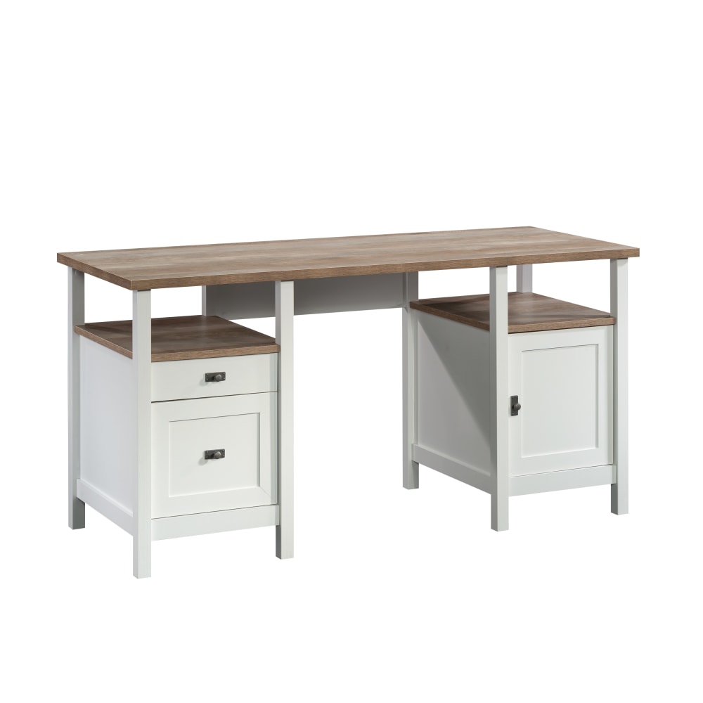 Sauder Cottage Road 60inW Double-Pedestal Computer Desk With Open Shelf, White/Lintel Oak