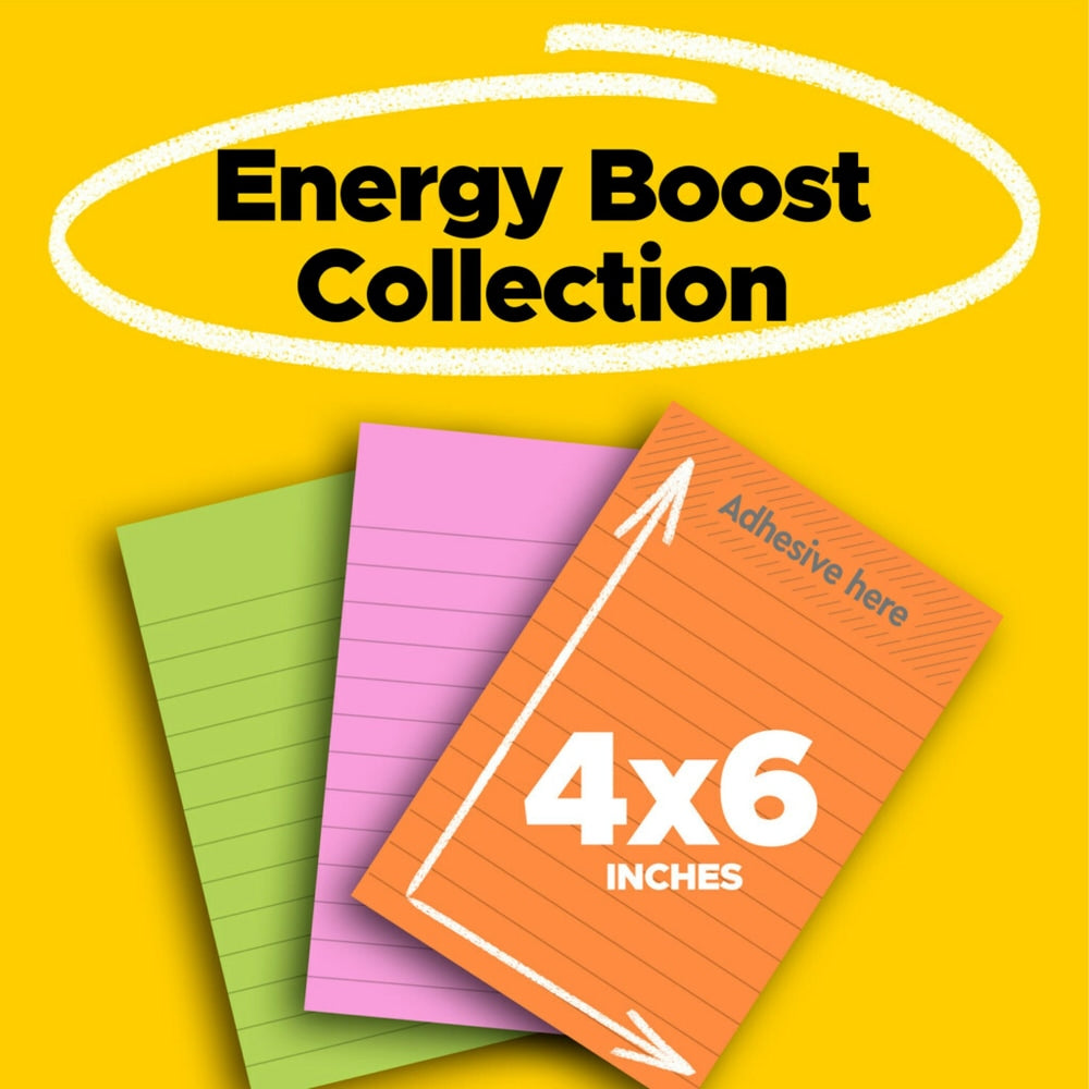 Post-it Super Sticky Notes, 4 in x 6 in, 3 Pads, 90 Sheets/Pad, 2x the Sticking Power, Energy Boost Collection, Lined