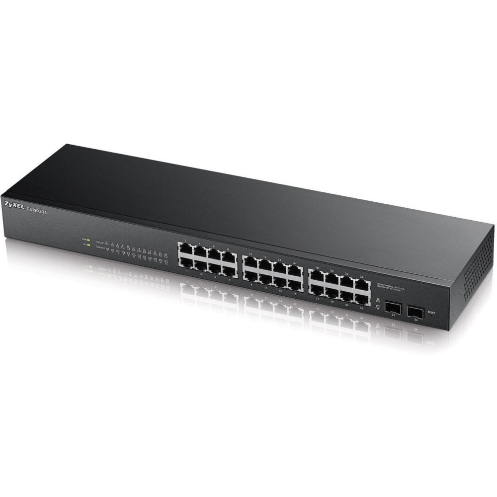 ZyXEL GS1900-24 Fanless 24 Port GbE L2 Web Managed Rackmountable Switch - 24 Ports - Manageable - 24 x RJ-45 - 2 x Expansion Slots - 10/100/1000Base-T - Desktop, Rack-mountable