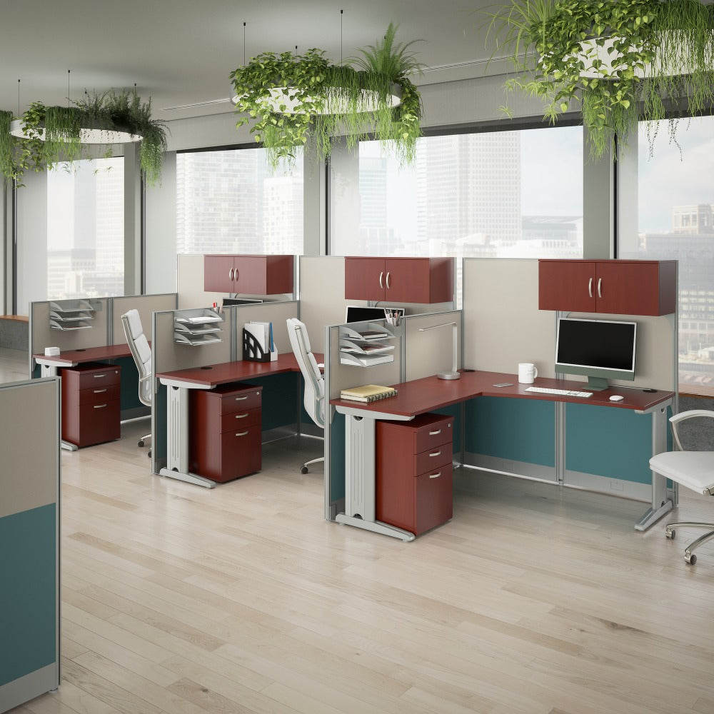 Bush Business Furniture Office in an Hour 3 Person L Shaped Cubicle Workstations, Hansen Cherry, Standard Delivery