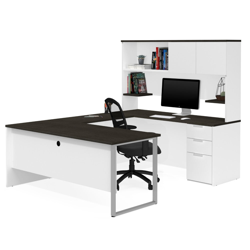 Bestar Pro-Concept Plus 72inW U-Shaped Executive Computer Desk With Pedestal And Hutch, White/Deep Gray