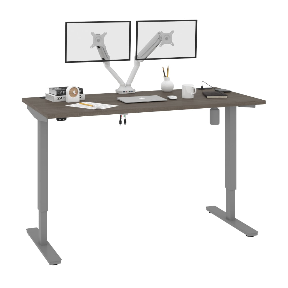 Bestar Upstand Electric 60inW Standing Desk With Dual Monitor Arm, Bark Gray