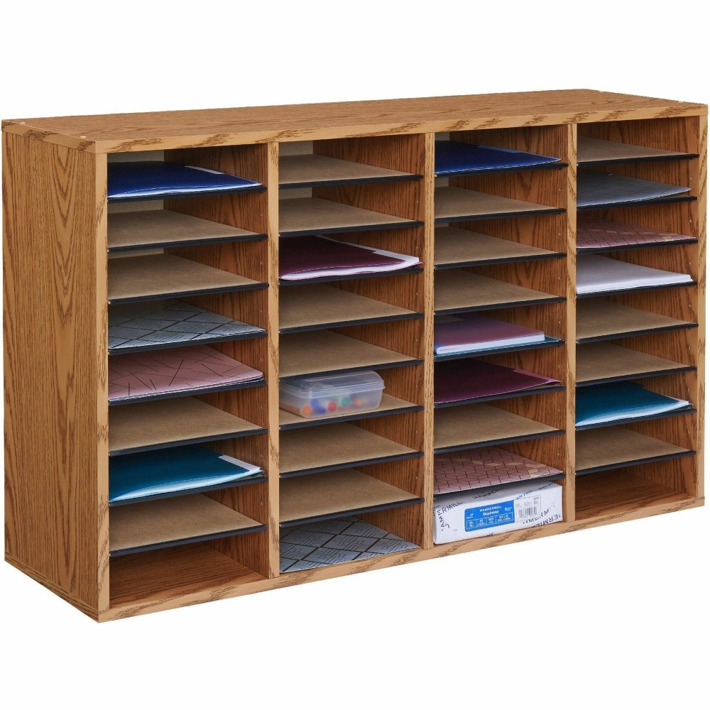 Safco Adjustable Wood Literature Organizer, 24inH x 39-3/8inW x 11-3/4inD, 36 Compartments, Oak