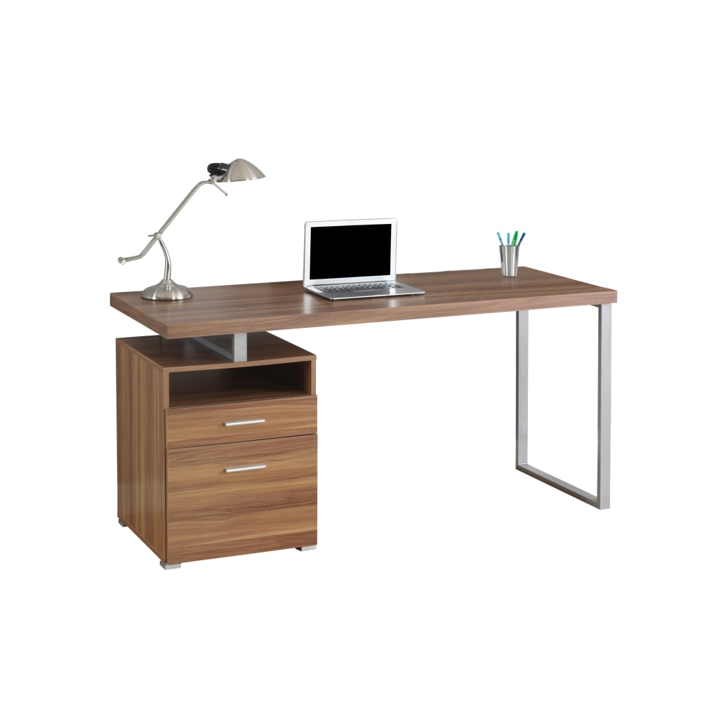 Monarch Specialties Contemporary 60inW Computer Desk With 2-Drawers And Open Shelf, Walnut/Silver