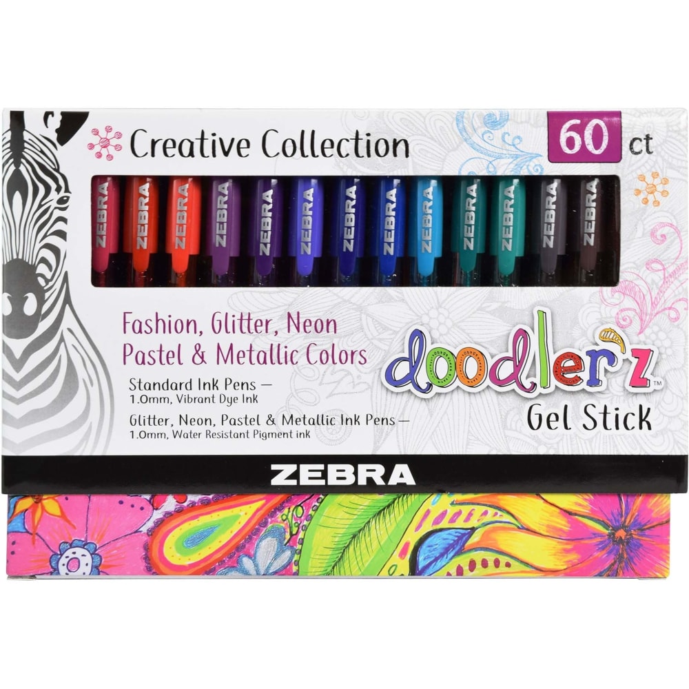 Zebra Pen doodler"z Gel Stick Pens, Pack Of 60, Bold Point, 1.0 mm, Translucent Barrel, Assorted Ink