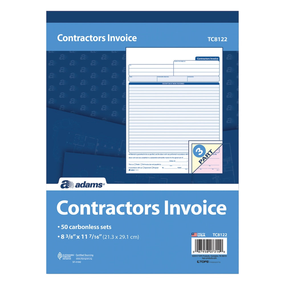 Adams Carbonless Contractors Invoices, 3-Part, 50 Sets