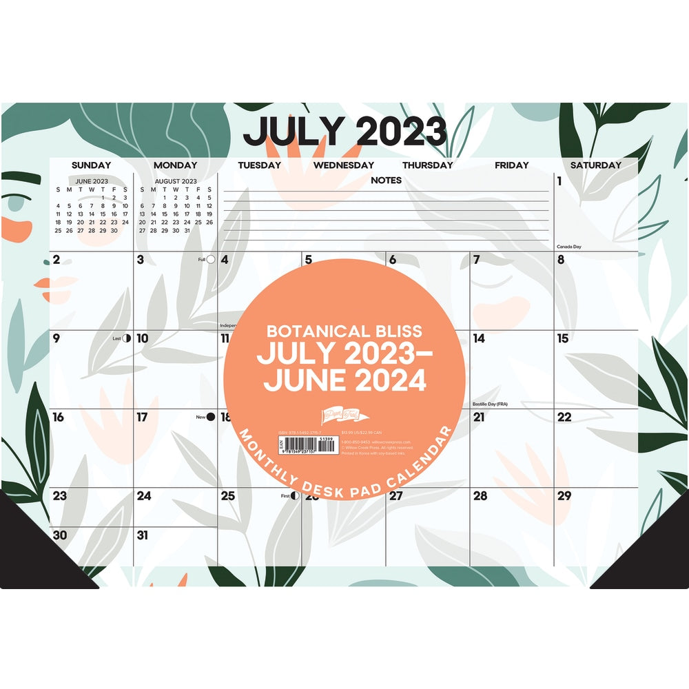 2023-2024 Willow Creek Press Academic Monthly Desk Pad Calendar, 12in x 17in, Botanical Bliss, July 2023 To June 2024