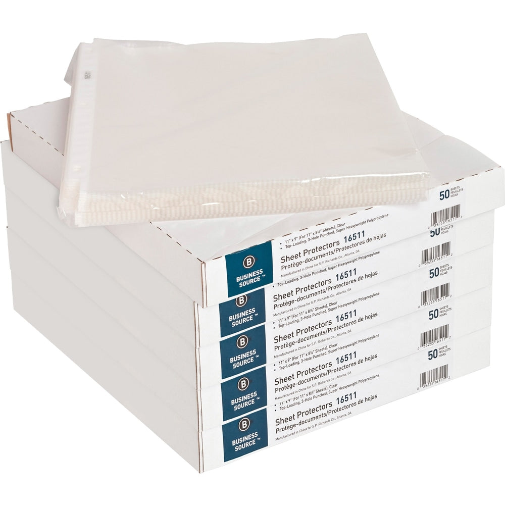 Business Source Top-Loading Poly Sheet Protectors - For Letter 8 1/2in x 11in Sheet - 3 x Holes - Ring Binder - Top Loading - Rectangular - Clear - Polypropylene - 250 / Carton