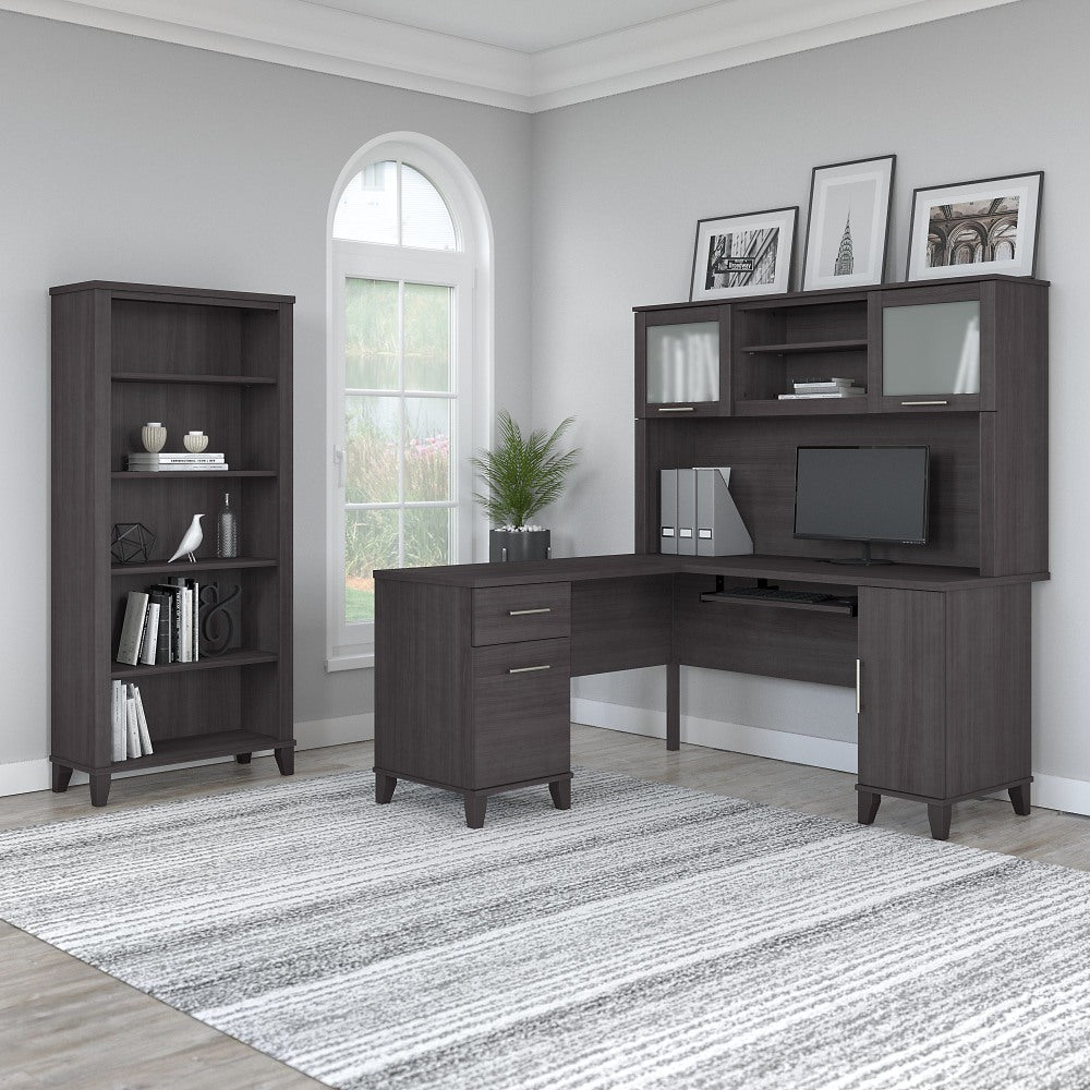 Bush Business Furniture Somerset 60inW L-Shaped Corner Desk With Hutch And 5-Shelf Bookcase, Storm Gray, Standard Delivery