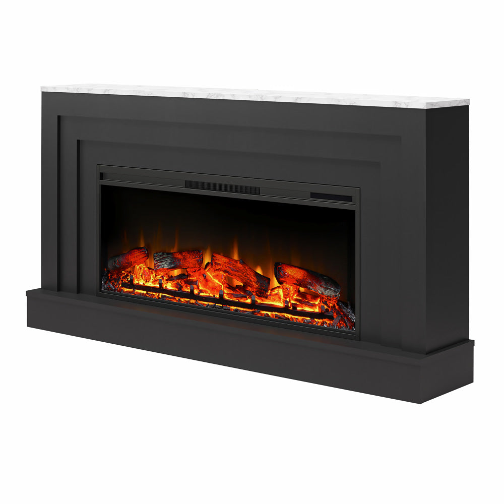 Ameriwood Home Lynnhaven Wide Mantel With Linear Electric Fireplace, 32-11/16inH x 62-7/16inW x 11-13/16inD, Black/White Marble