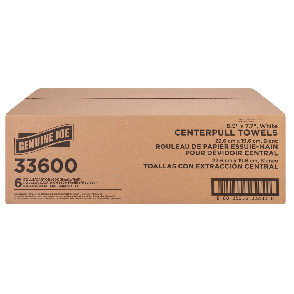 Genuine Joe Centerpull Towel Rolls - 600 Sheets/Roll - White - Virgin Fiber - 6 / Carton