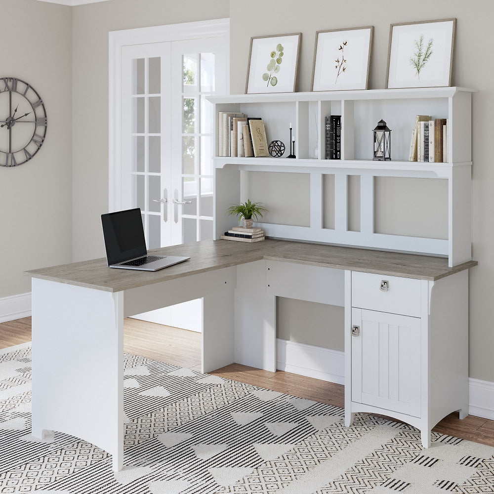 Bush Furniture Salinas 60inW L-Shaped Desk With Hutch, Shiplap Gray/Pure White, Standard Delivery