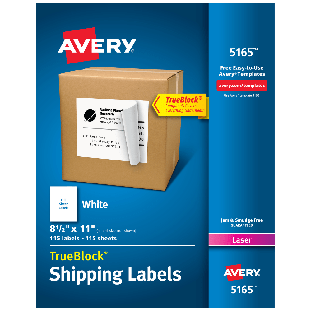 Avery Permanent Full-Sheet Labels, 5165, Laser, 8 1/2in x 11in, White, Box Of 100