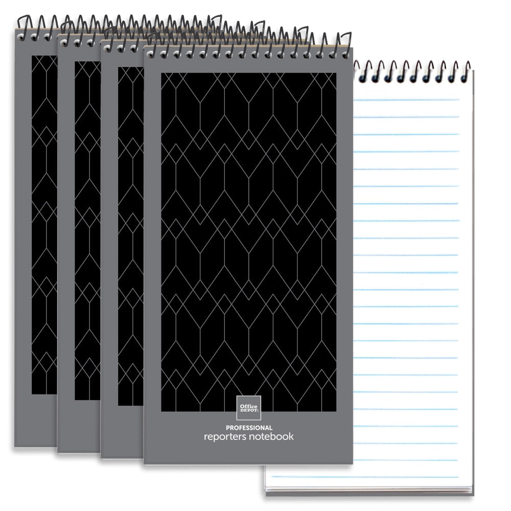 Office Depot Brand Professional Reporters Notebook, 4in x 8in, Black/Gray, Legal/Wide Ruled, 140 Pages (70 Sheets), Pack Of 4