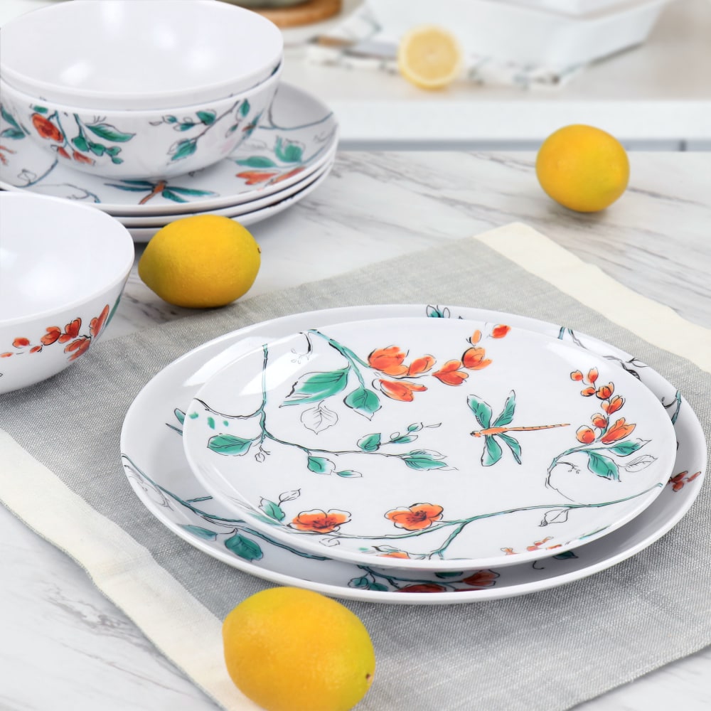 Martha Stewart 12-Piece Dragonfly Melamine Dinnerware Set, White