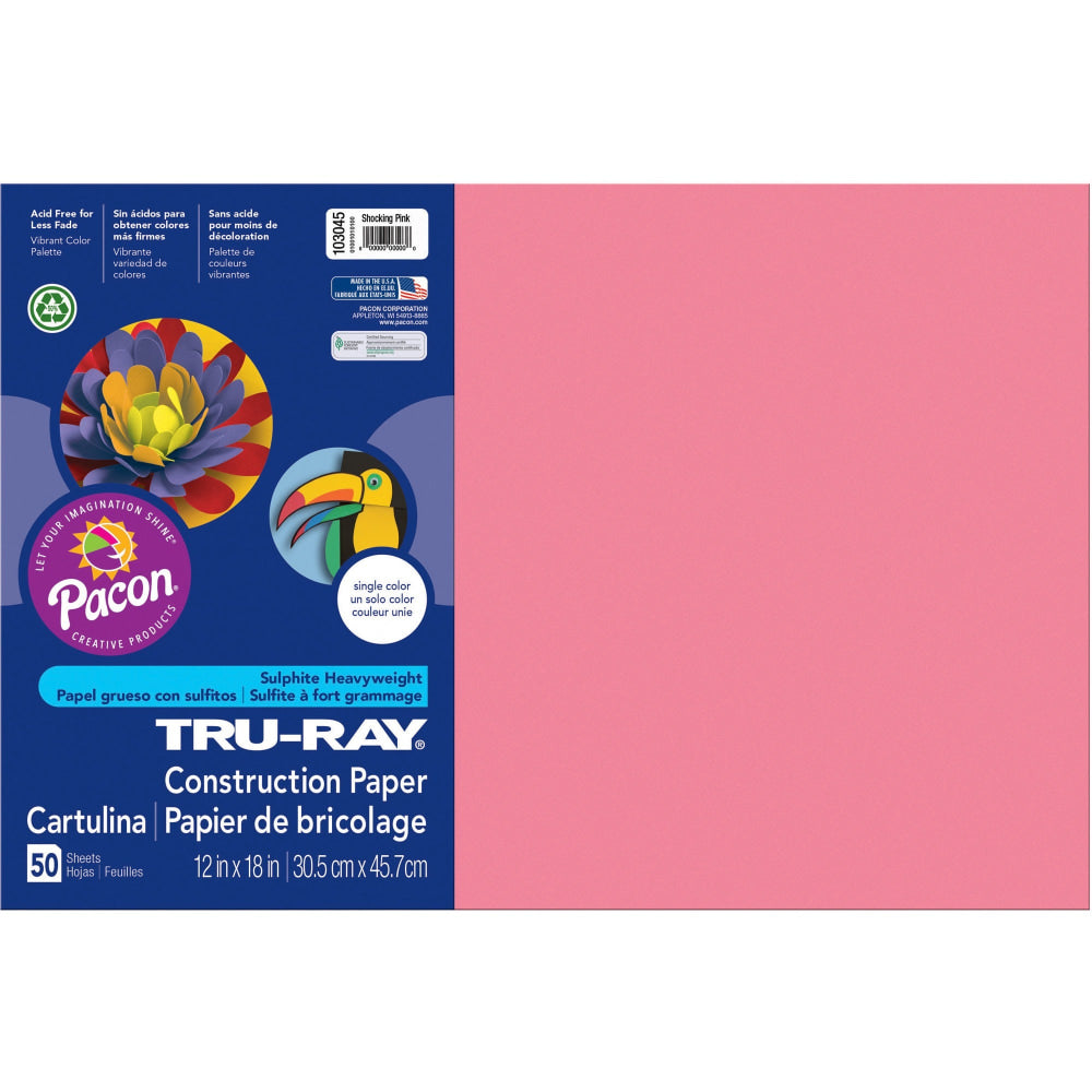 Tru-Ray Construction Paper, 50% Recycled, 12in x 18in, Shocking Pink, Pack Of 50