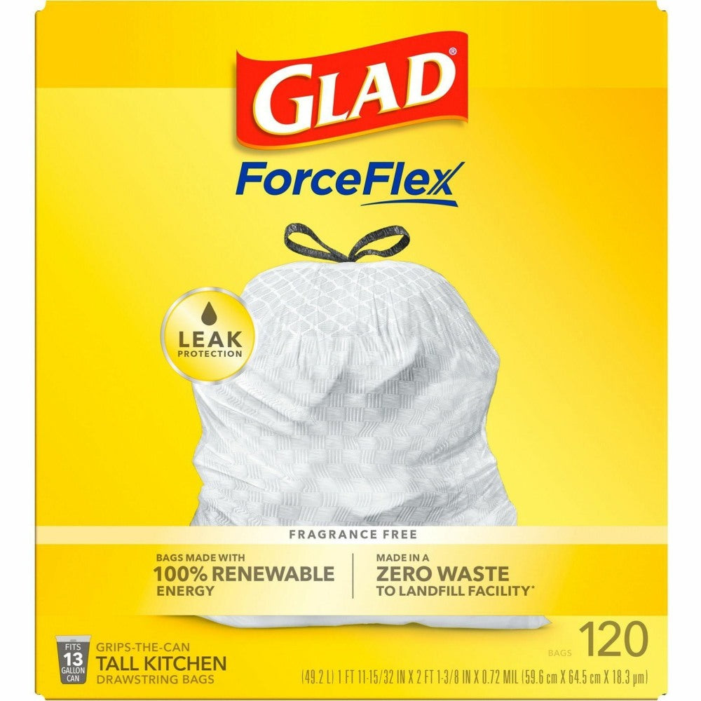 Glad ForceFlex Tall Kitchen Drawstring Trash Bags - 13 gal Capacity - 9 mil (229 Micron) Thickness - Drawstring Closure - White - Plastic - 3/Carton - 120 Per Box - Kitchen, Home, Breakroom, Day Care, Garbage