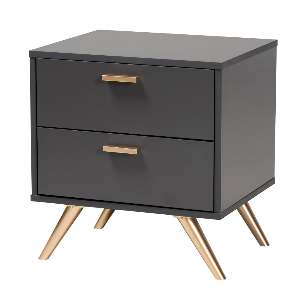 Baxton Studio Kelson 2-Drawer Nightstand, 20-1/8inH x 18-15/16inW x 15-3/4inD, Dark Gray/Gold