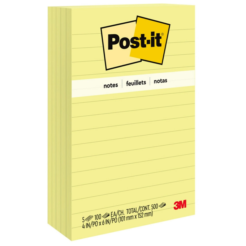 Post-it Notes, 4 in x 6 in, 5 Pads, 100 Sheets/Pad, Clean Removal, Canary Yellow, Lined