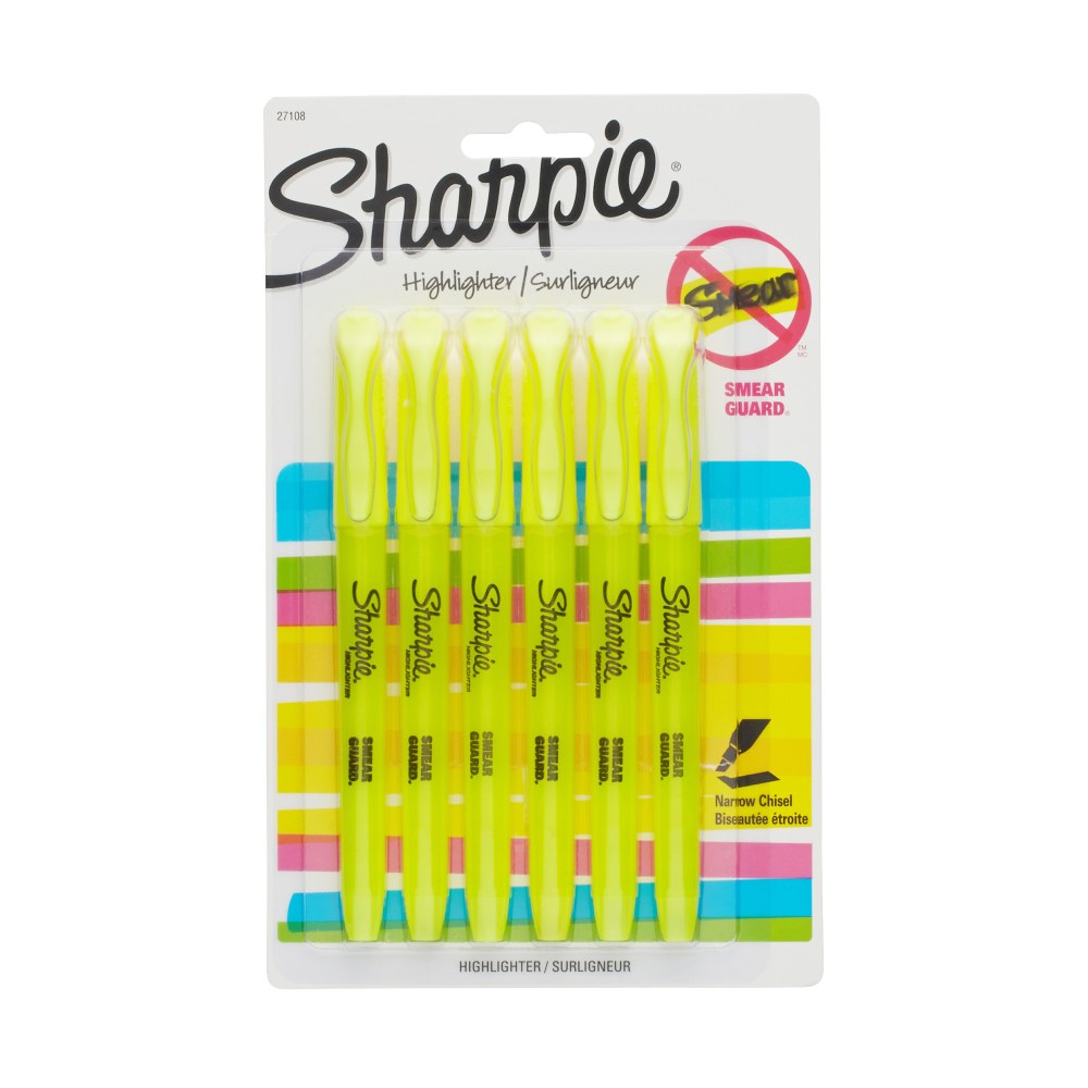 Sharpie Accent Pocket Highlighters, Yellow, Pack Of 6