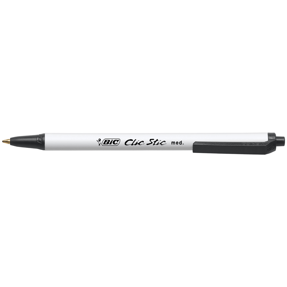 BIC Clic Stic Retractable Ballpoint Pens, Medium Point, 1.0 mm, White Barrel, Black Ink, Pack Of 12