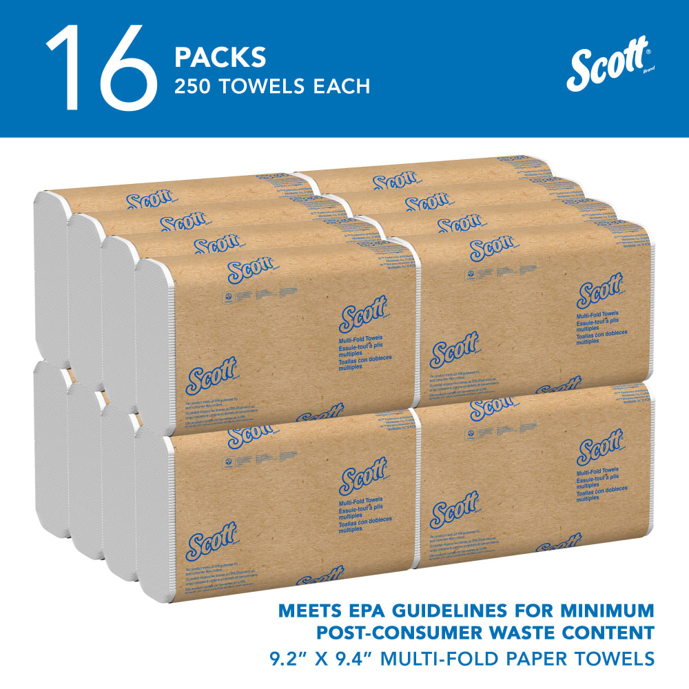 Scott 1-Ply Multifold Paper Towels with Fast-Drying Absorbency Pockets, White, 250 Multifold Towel Sheets Per Pack, 16 Packs Per Case, 4,000 Sheets Per Case