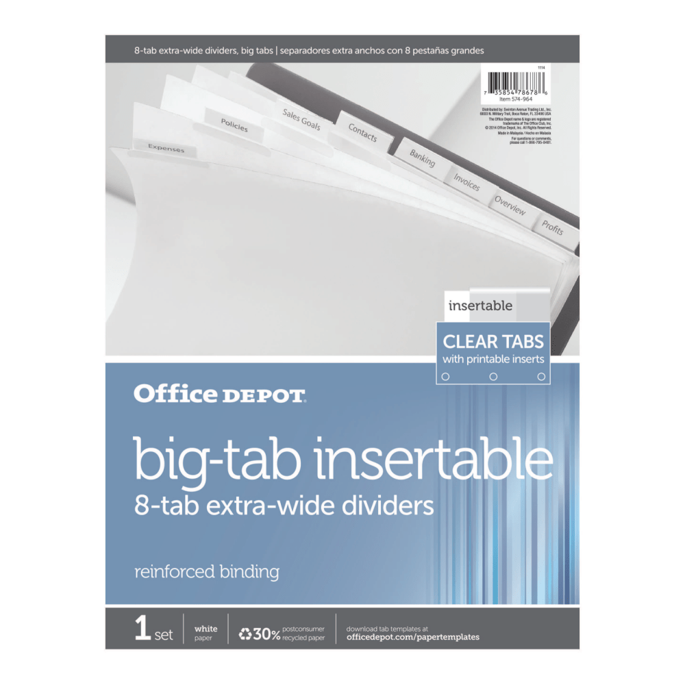 Office Depot Brand Insertable Extra-Wide Dividers With Big Tabs, Clear, 8-Tab