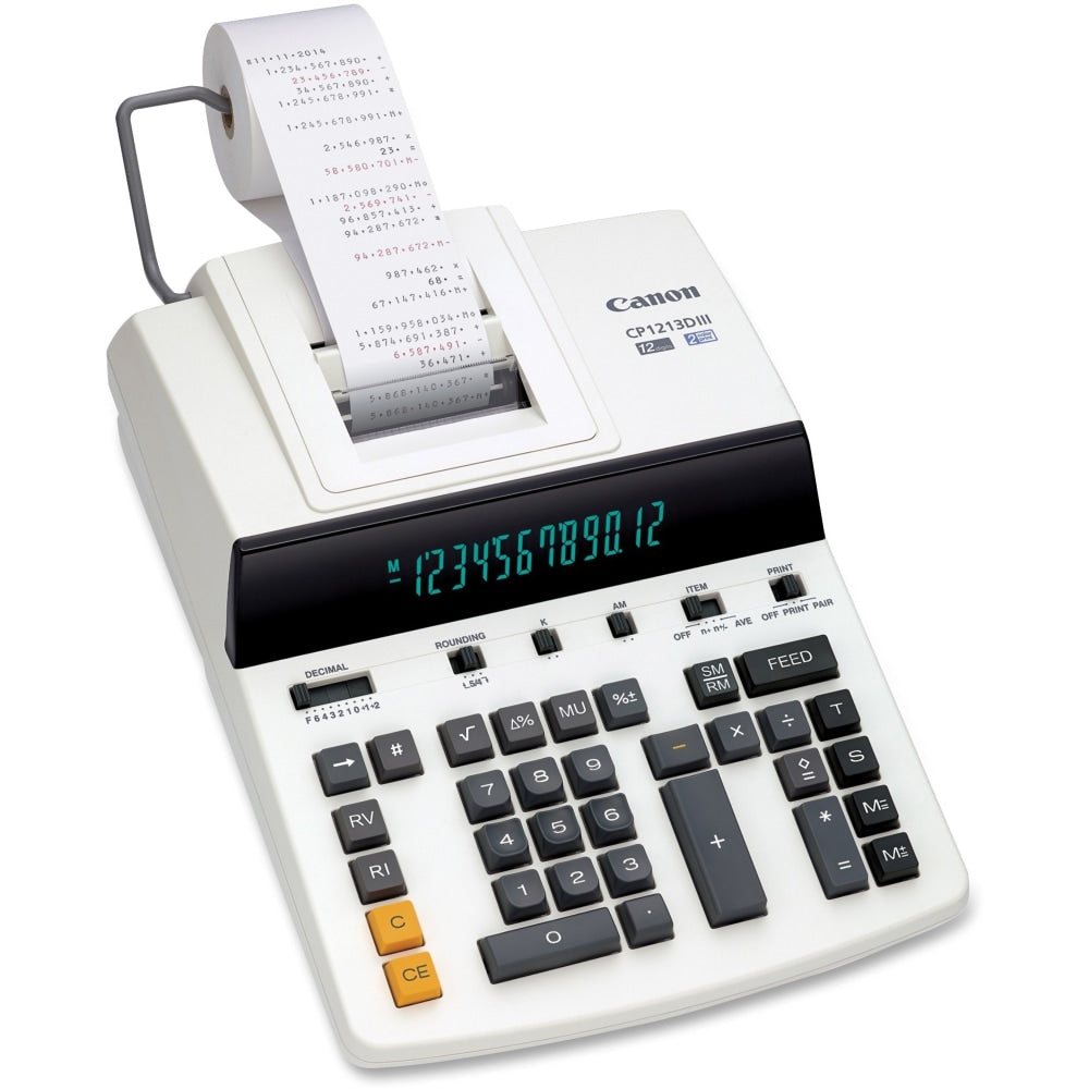 Canon CP1213DIII Desktop Printing Calculator - Dual Color Print - Dot Matrix - 4.8 lps - Ergonomic Design, Independent Memory, Item Count - 0.67in - 12 Digits - Fluorescent - AC Supply Powered - 6in x 11in x 17in - White - 1 Each