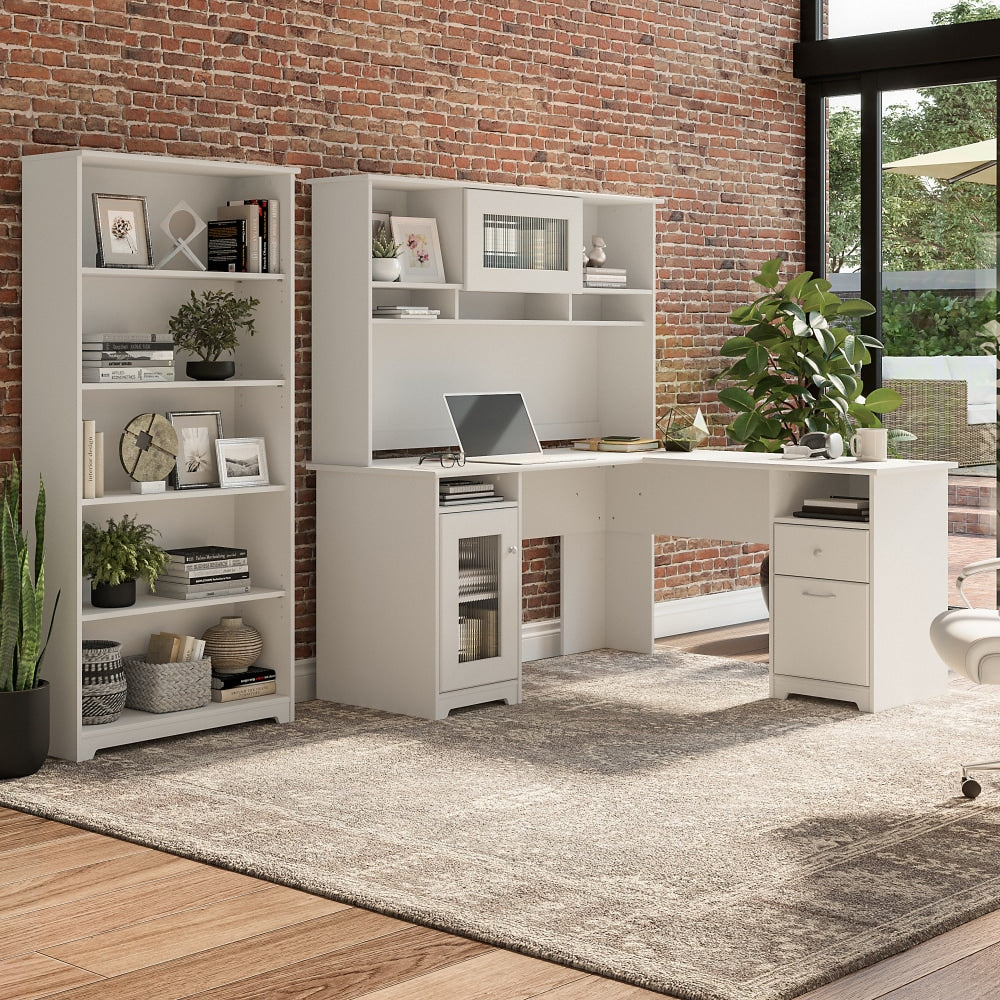 Bush Business Furniture Cabot 60inW L-Shaped Corner Desk With Hutch And 5-Shelf Bookcase, White, Standard Delivery