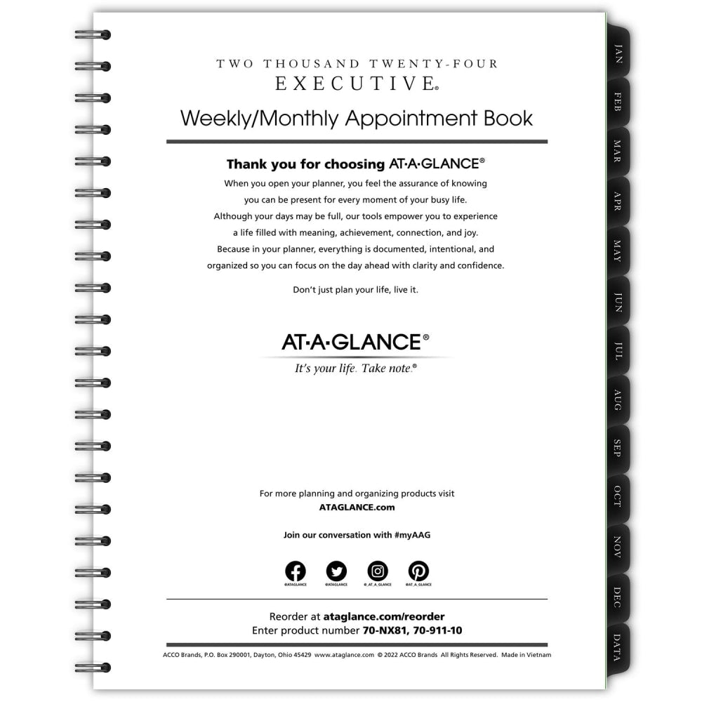 2024 AT-A-GLANCE Executive Weekly/Monthly Refill For 70-NX81, 8-1/4in x 11in, January To December 2024, 7091110