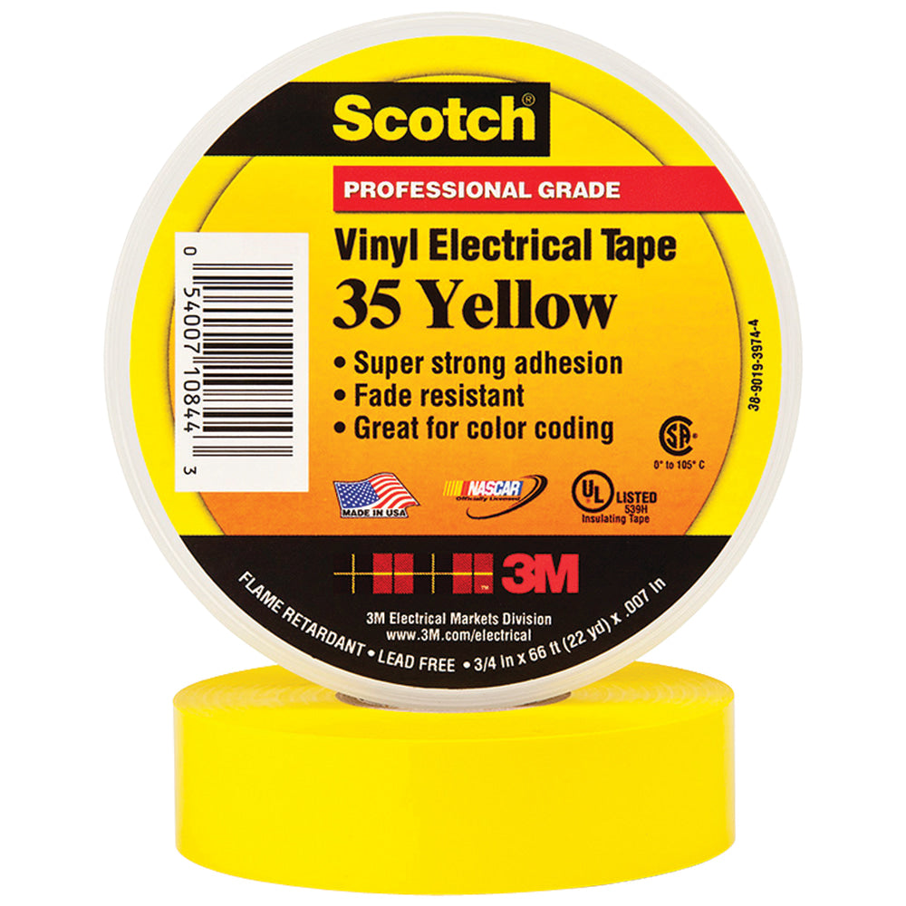 3M 35 Color-Coded Vinyl Electrical Tape, 1.5in Core, 0.75in x 66ft, Yellow, Pack Of 10