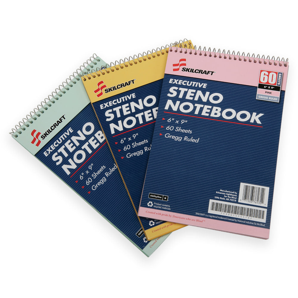 SKILCRAFT 50% Recycled Steno Notebooks, 6in x 9in, Gregg Ruled, 60 Pages (30 Sheets), White/Blue, Pack Of 3 (AbilityOne 7530-01-454-5702)