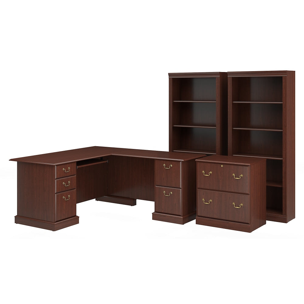 Bush Business Furniture Saratoga 66inW L-Shaped Corner Desk With Lateral File Cabinet And Two 5-Shelf Bookcases, Harvest Cherry, Standard Delivery