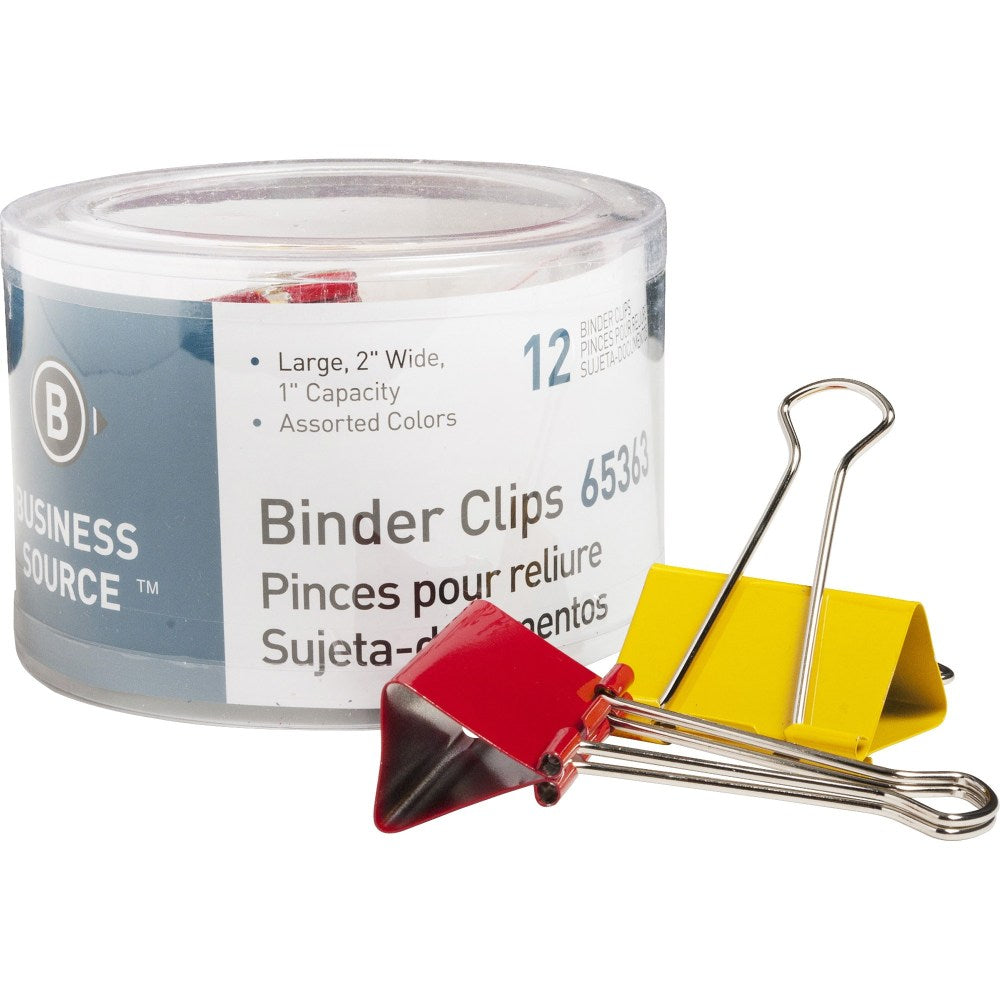 Business Source Colored Fold-back Binder Clips - Large - 2in Width - 1in Size Capacity - 12 / Pack - Assorted - Steel