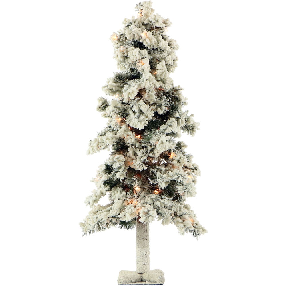 Fraser Hill Farm Artificial Snowy Alpine Tree With Clear Lights, 3ft