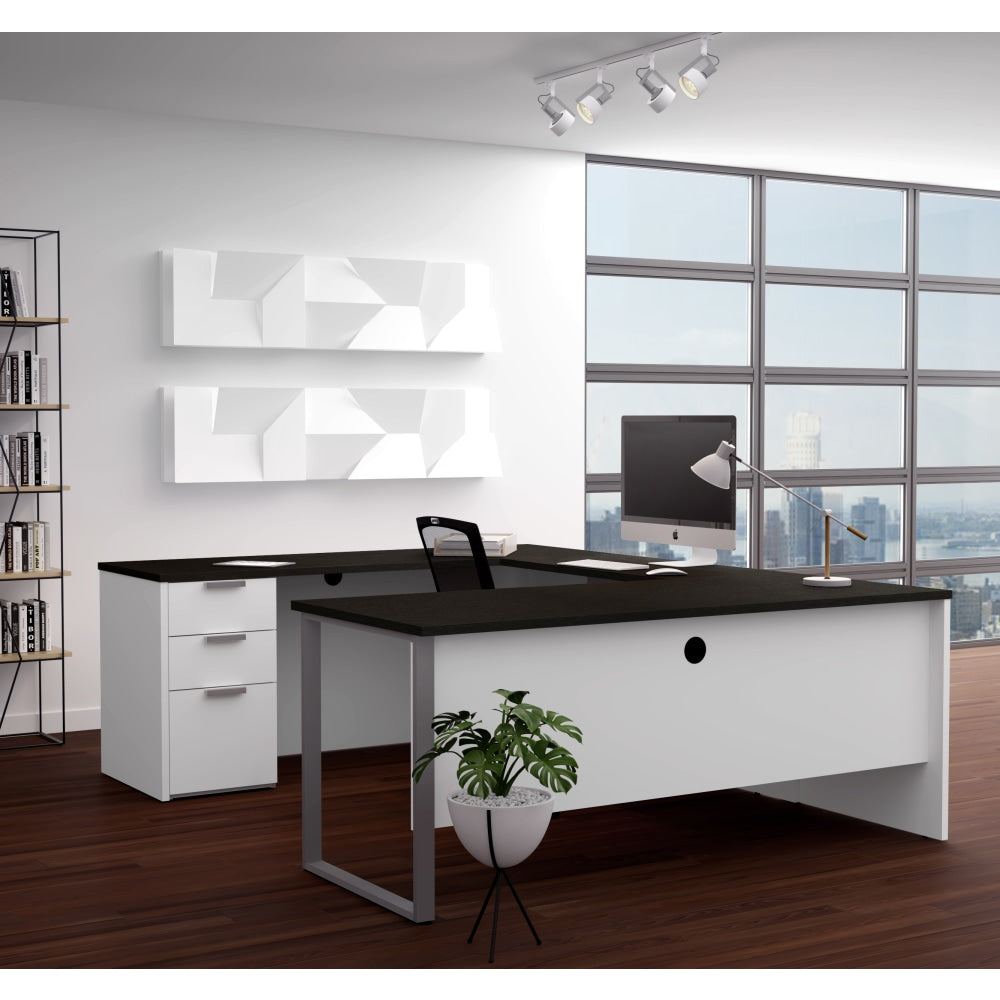 Bestar Pro-Concept Plus 72inW U-Shaped Executive Computer Desk With Pedestal, White/Deep Gray